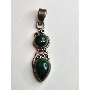 925 Sterling Silver Malachite Pendant Double Stone Scroll Design
